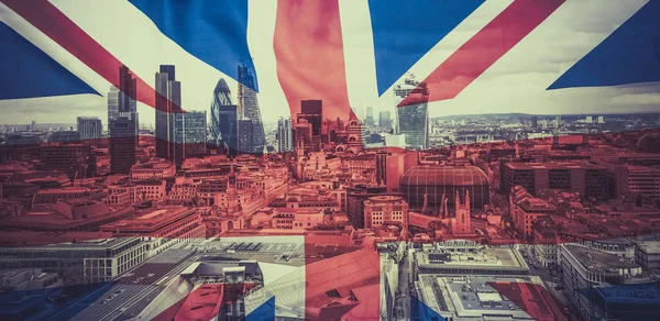 Conceito Brexit Dupla Exposição Bandeiras Arranha Céus Londres — Fotografia de Stock