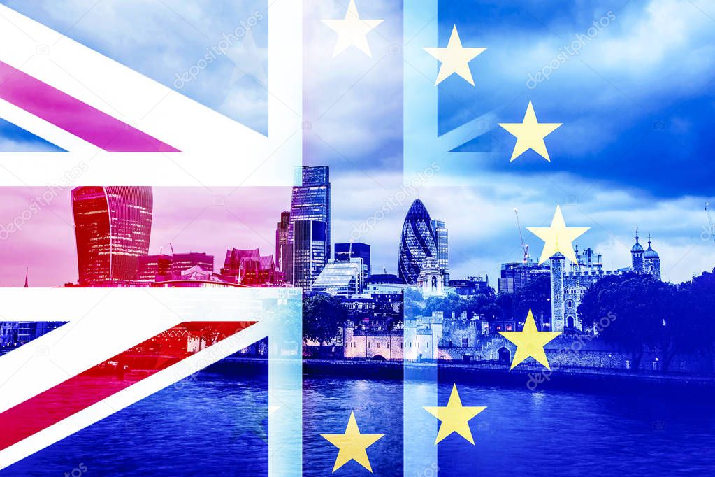 brexit concept - flags and London double exposure