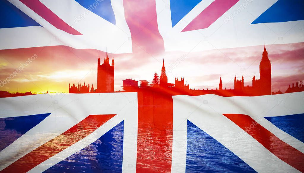 brexit concept - double exposure of flag and Westminster Palace with Big Ben