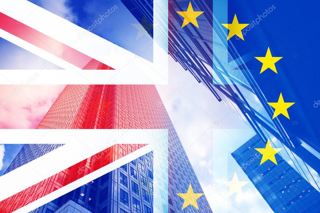 brexit concept - UK economy after Brexit deal - double exposure of flag and Canary Wharf business center skyscrapers