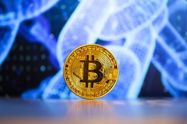 Mavi çizelge arkaplanındaki bitcoin - kripto para birimi kavramı