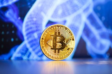 Mavi çizelge arkaplanındaki bitcoin - kripto para birimi kavramı