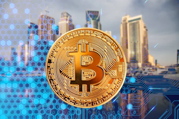 Bitcoin Ponownie Drapacze Chmur Futurystyczne Inteligentne Miasto Koncepcja Kryptowaluta — Zdjęcie stockowe