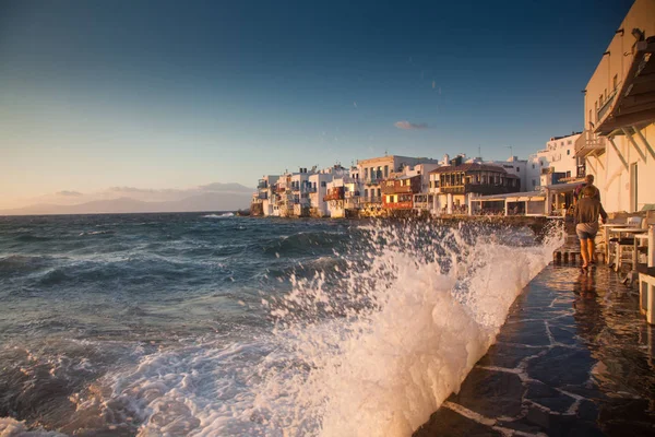 Little Venice Sunset Mykonos Greece Luxury Travel Destiation Greek Islands — Stock Photo, Image