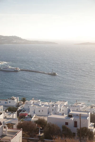 Vista Panoramica Sul Porto Della Città Mykonos Con Famosi Mulini — Foto Stock