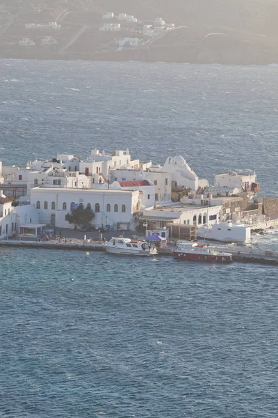 Vista Panorâmica Porto Cidade Mykonos Com Moinhos Vento Famosos Das — Fotografia de Stock