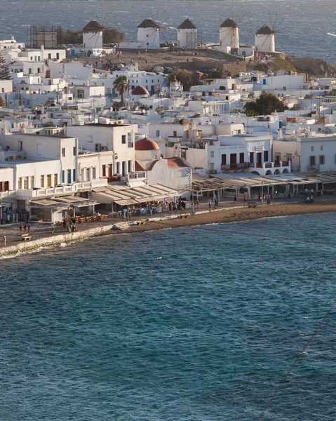 Vista Panorâmica Porto Cidade Mykonos Com Moinhos Vento Famosos Das — Fotografia de Stock