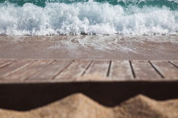 Tablón Madera Arena Mar Azul Fondo — Foto de Stock