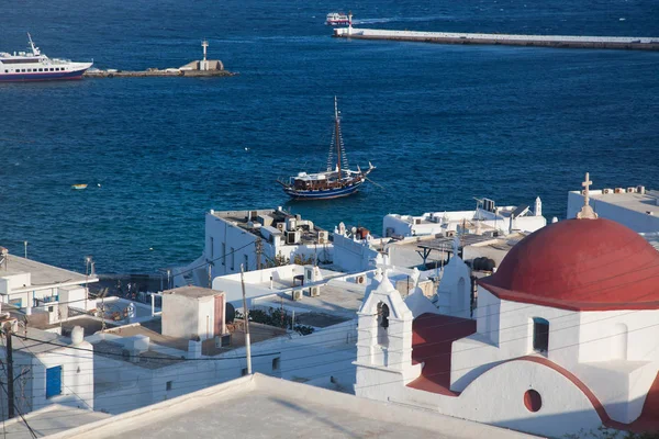 Panoramautsikt Över Staden Mykonos Hamn Från Ovanstående Kullar Solig Sommardag — Stockfoto