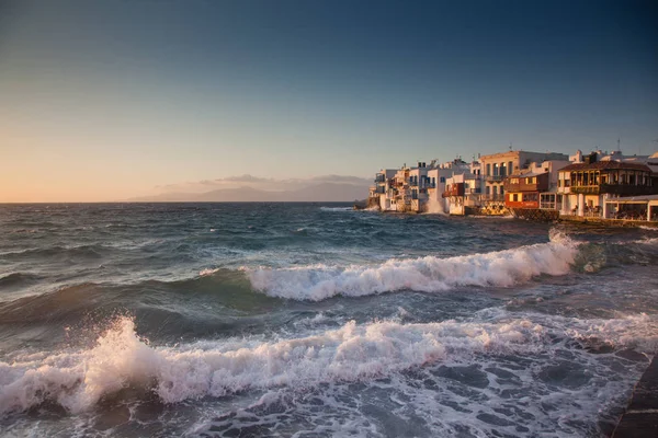 Little Venice Sunset Mykonos Greece Luxury Travel Destiation Greek Islands — Stock Photo, Image