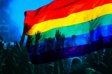 silhouette of a parade of gays and lesbians with a rainbow flag - symbol of love and tolerance clipart