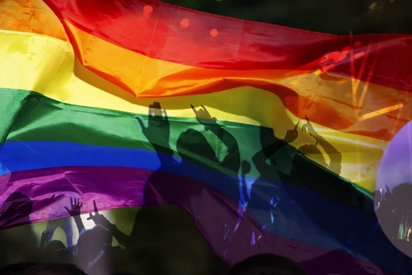 Silueta Desfile Gays Lesbianas Con Bandera Arco Iris Símbolo Amor — Foto de Stock