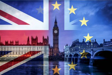 Brexit kavramı - bayrak ve Big Ben ile Westminster Sarayı çift pozlama