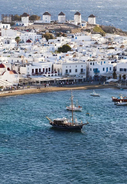 Panoramic View Mykonos Town Harbor Famous Windmills Hills Sunny Summer — Stock Photo, Image