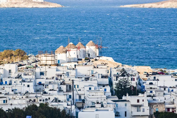Panoramautsikt Över Staden Mykonos Hamn Från Ovanstående Kullar Solig Sommardag — Stockfoto