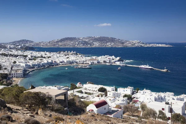 Panoramic View Mykonos Town Harbor Famous Windmills Hills Sunny Summer — Stock Photo, Image