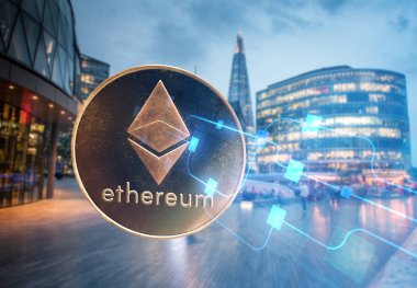 gökdelenlere karşı ethereum - gelecekçi akıllı şehir - kripto para birimi kavramı