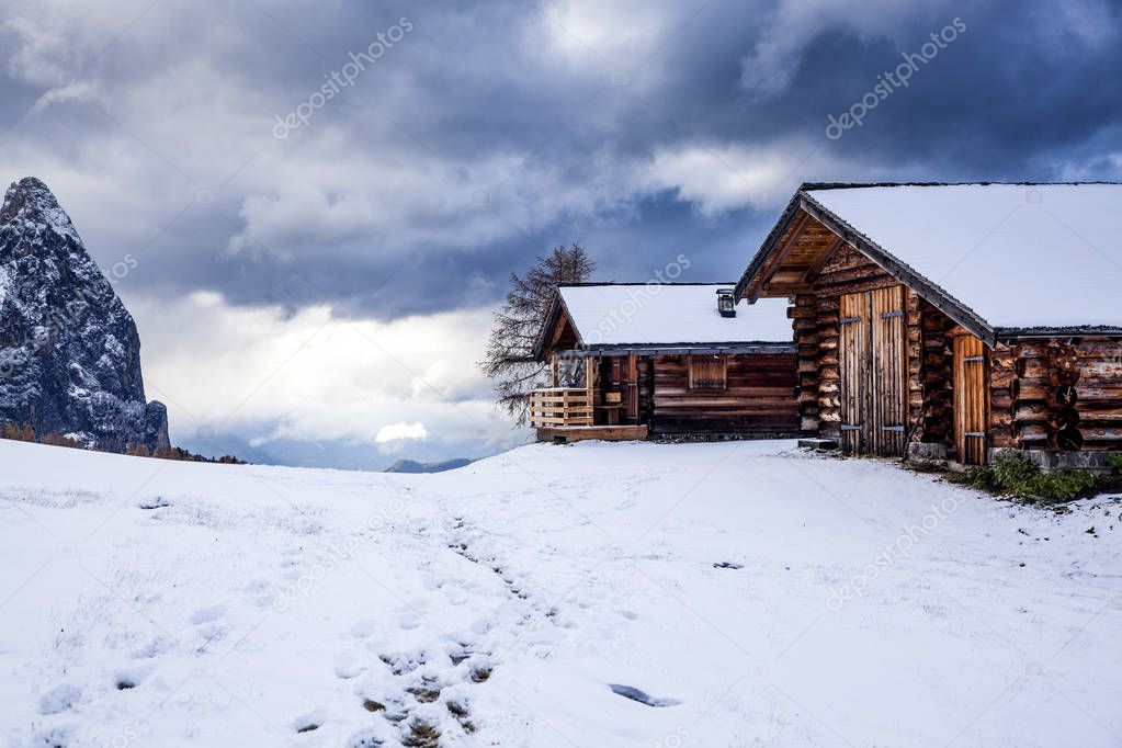 snowy early winter landscape in Alpe di Siusi.  Dolomites,  Italy - winter holidays destination