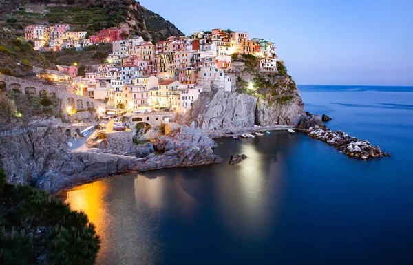 Panorama Miasta Miejscowości Manarola Jeden Cinque Terre Nocy Spezia Włochy — Zdjęcie stockowe