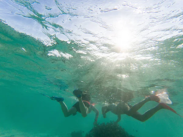 Pareja haciendo snorkel en aguas tropicales cristalinas —  Fotos de Stock