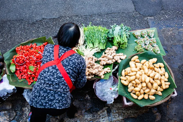 Von oben: Frau verkauft frisches Obst und Gemüse - thailändisch — Stockfoto