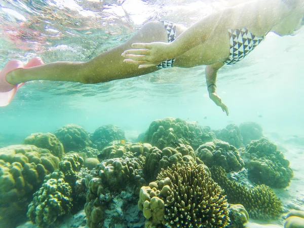 Kvinna snorkling i kristallklart tropiskt vatten — Stockfoto