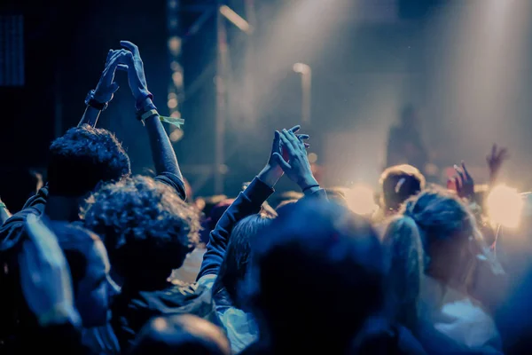 Cheering crowd with raised hands at concert - music festival — Stock Photo, Image