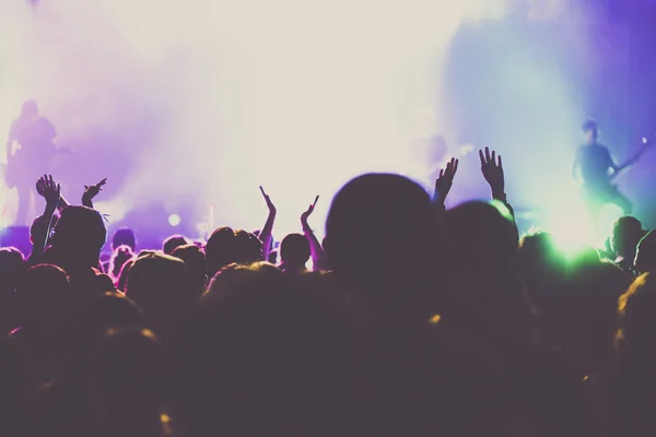 cheering crowd with raised hands at concert - music festival