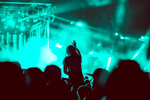 Cheering crowd with raised hands at concert - music festival — Stock Photo, Image