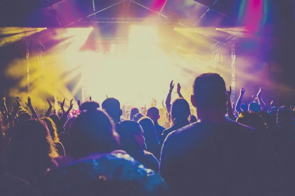 cheering crowd with raised hands at concert - music festival