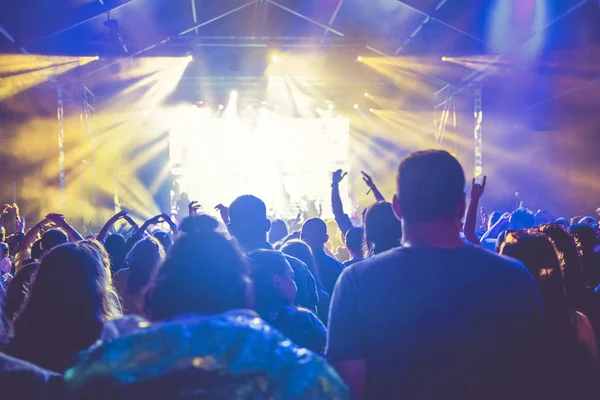 cheering crowd with raised hands at concert - music festival