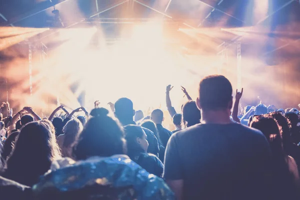 cheering crowd with raised hands at concert - music festival