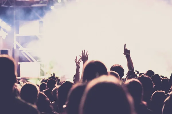 Jublande publik med upphöjda händer på konsert - musikfestival — Stockfoto