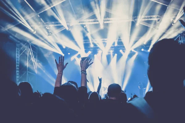 Cheering crowd with raised hands at concert - music festival — Stock Photo, Image