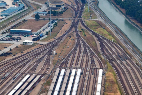 aerial view over train tracks