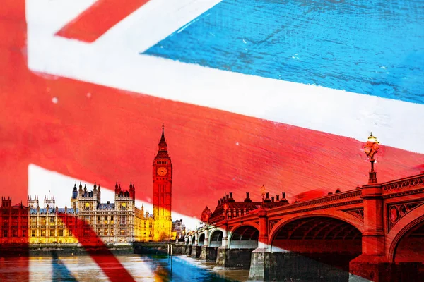 Brexit concept - double exposure of UK landmarks and flag — Stock Photo, Image