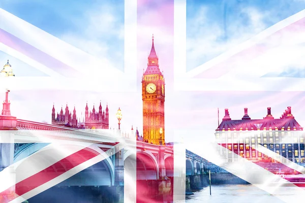 Brexit-konceptet-dubbel exponering av brittiska landmärken och flagg — Stockfoto