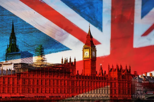 Koncepcja Brexit-podwójna ekspozycja brytyjskich zabytków i flag — Zdjęcie stockowe