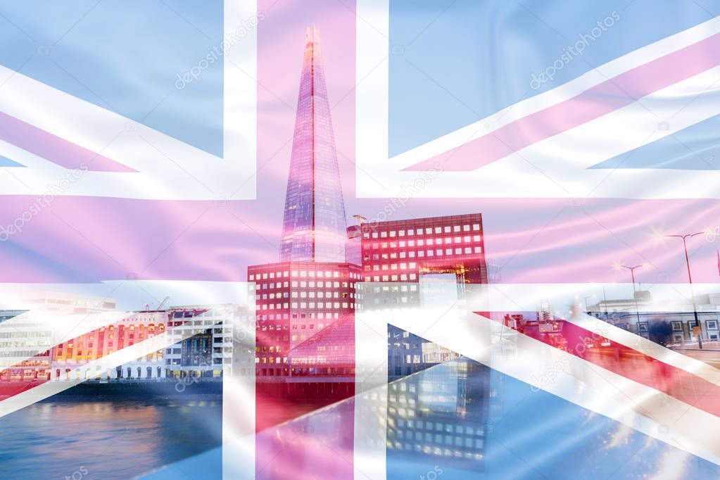 brexit concept - double exposure of UK landmarks and flag