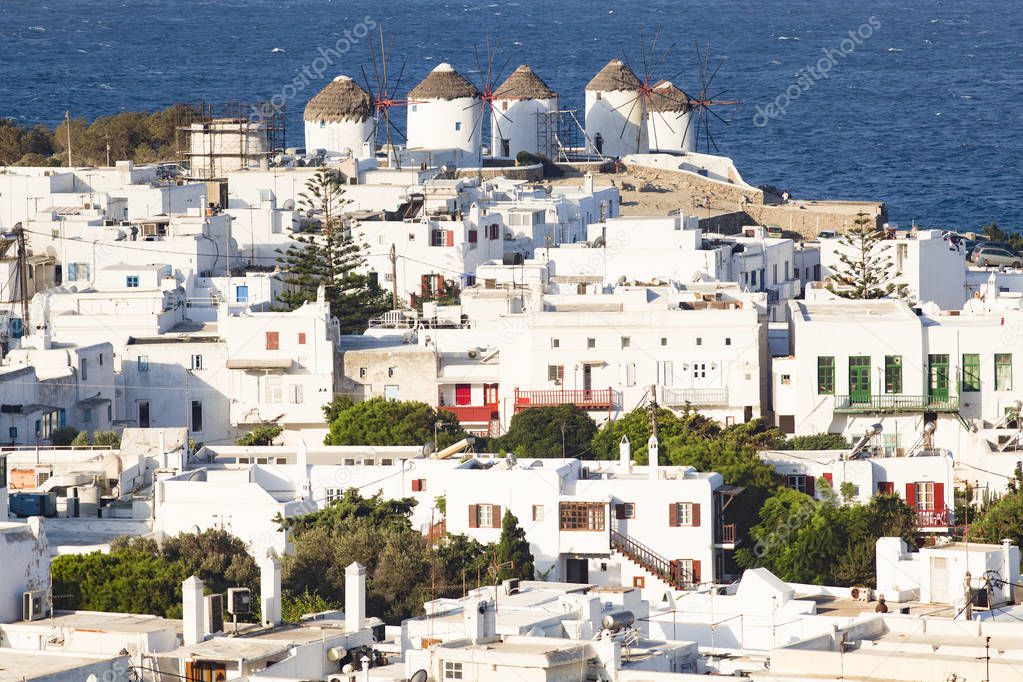 panoramic view of the Mykonos town harbor from the above hills o
