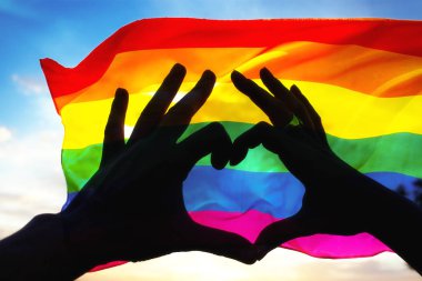 Bir geçit ellerini kaldırdı ve Lgbt bayrağı ile gurur toplum 