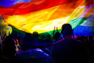 Bir geçit ellerini kaldırdı ve Lgbt bayrağı ile gurur toplum 