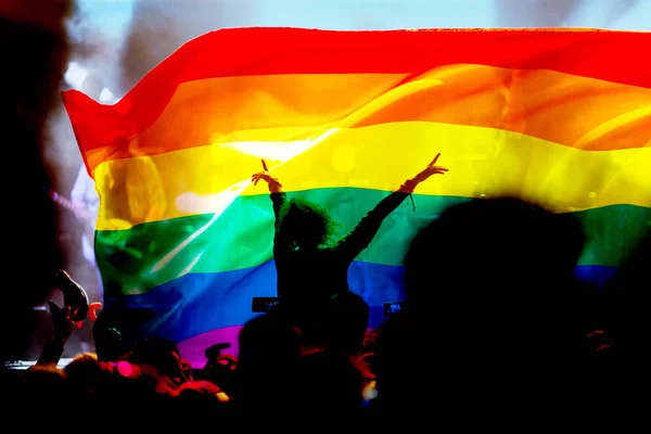 Comunità orgogliosa in una parata con le mani alzate e la bandiera LGBT — Foto Stock