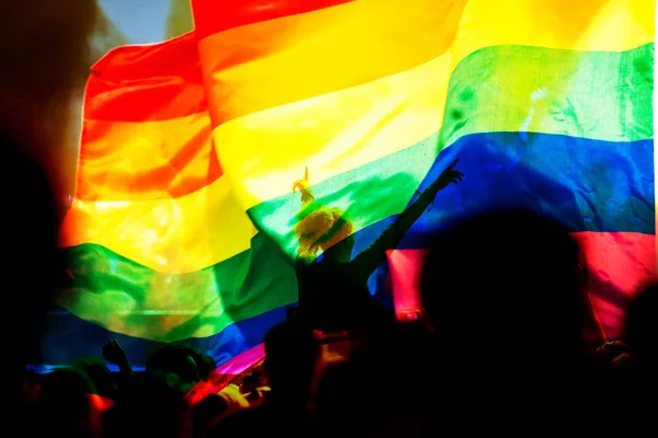 Comunidad del orgullo en un desfile con las manos levantadas y la bandera LGBT — Foto de Stock