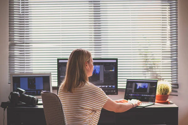 Woman Daydreaming While Working Laptop Home Office Social Media Influence — Stok fotoğraf