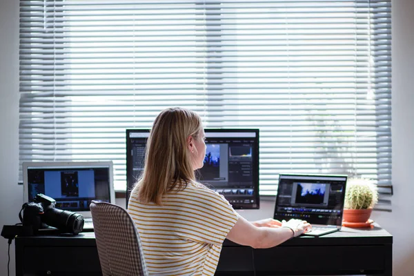 Woman Daydreaming While Working Laptop Home Office Social Media Influence — Stok fotoğraf