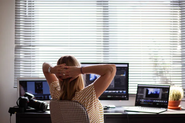 Woman Daydreaming While Working Laptop Home Office Social Media Influence — Stockfoto