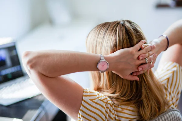 Woman Daydreaming While Working Laptop Home Office Social Media Influence — Stockfoto