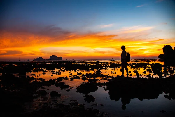 Donna silhouette guardando sorprendente tramonto sulla spiaggia di Krabi — Foto Stock