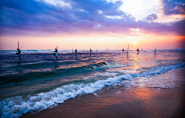 Stilt vissers bij zonsondergang in Sri Lanka — Stockfoto